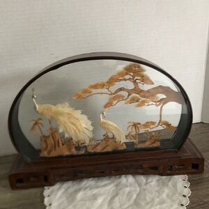 Vtg Peacock Diorama Carved Cork in Lacquered Case